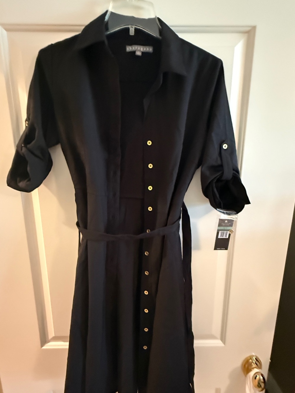 Sharagano Black Midi Shirt Dress with Gold Buttons and Tie